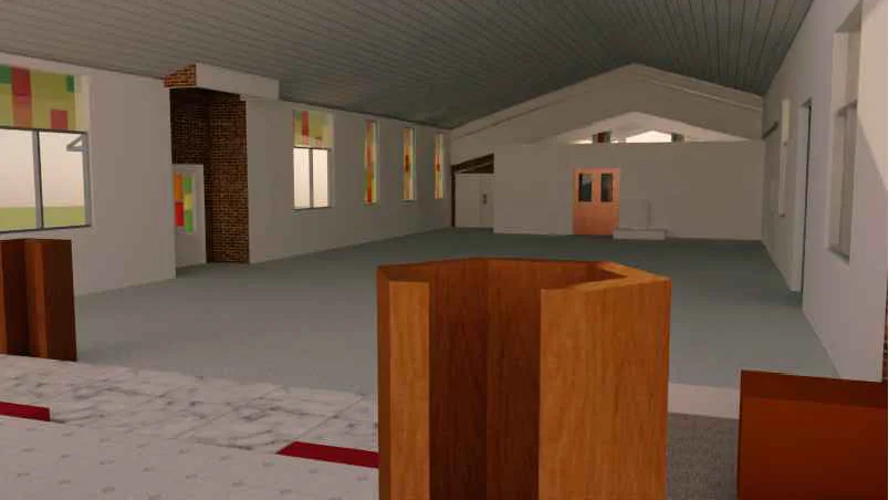 Visualización arquitectónica del interior renovado del templo