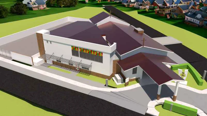 Visualización arquitectónica aérea del conjunto parroquial renovado